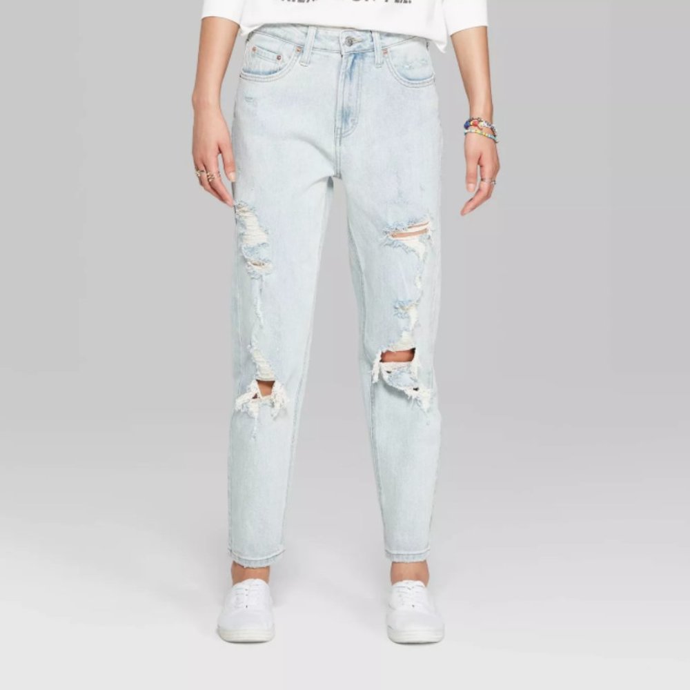 Super-High Rise Distressed Taper Mom Jeans, Light Wash